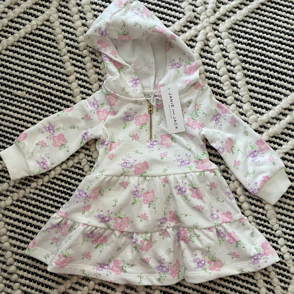 Brand new Janie and Jack white, pink, purple floral sweatshirt dress with hood
